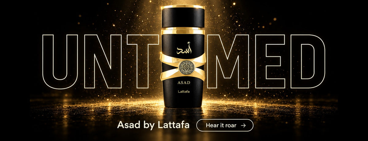 Asad by Lattafa in front of outlined UNTAMED lettering, Hear it roar