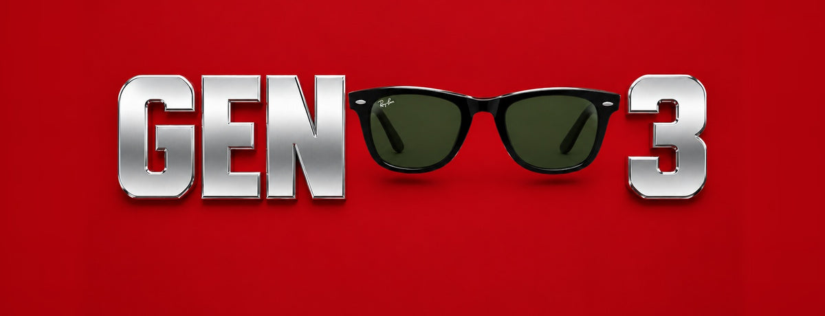 Silver GEN 3 lettering with a Ray-Ban Wayfarer on deep red