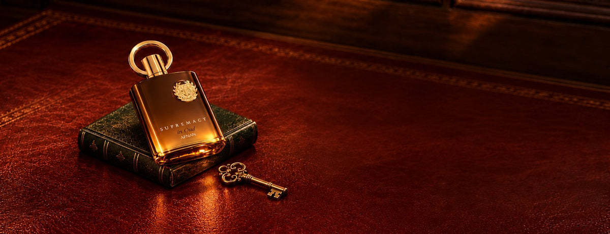 Supremacy in Oud on a leather book with a brass key